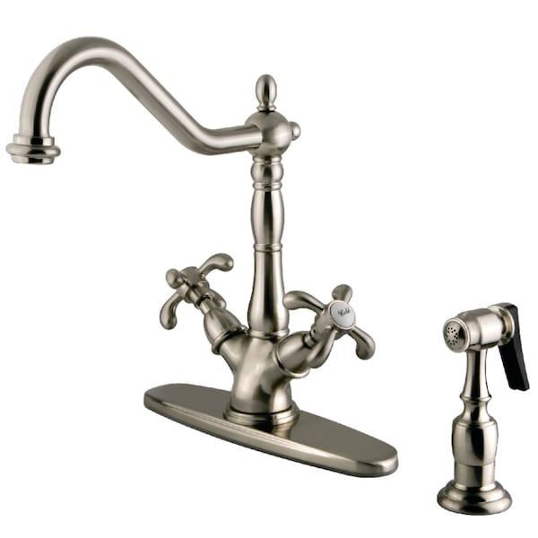 Kingston Brass French Country Mono Deck Mount Kitchen Faucet W/ Brass Sprayer, Nickel KS1238TXBS - main
